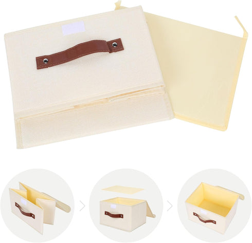 ANMINY Storage Bin with Lid Storage Boxes with PU Leather Handles PP Plastic Board Decorative Foldable Lidded Cotton Linen Fabric Home Cubes Baske...