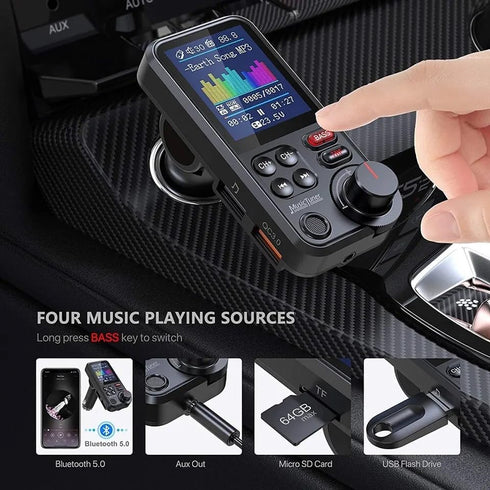 FM Bluetooth Transmitter for Car, Strong Microphone Bluetooth Car Adapter with 1.8" Color Screen for Hands Free Calls, Supports QC3.0 Charging, Tr...
