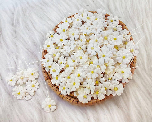HukDok Mini Flowers with Thread Stem Mulberry Paper Flower Embellishment Card Craft Supplies Scrapbooking DIY Card Crafts Projects. (White)...
