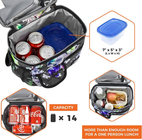 opux Insulated Lunch Bag for Men Women, Leakproof Floral Grey Lunch Box for Work, Portable Soft Lunch Cooler Bag with Shoulder Strap, Adult Lunchb...