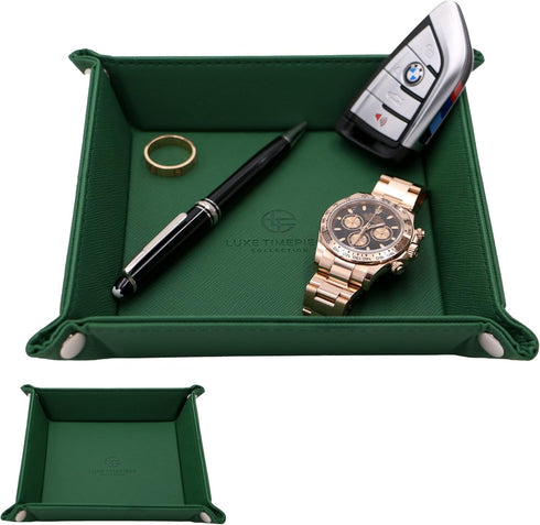 Saffiano PU Leather Travel Valet Tray Organizer in Swiss Green - Catchall Tray Storage Organizer For Bedside, Desk, or Vanity for Jewelry, Keys, P...