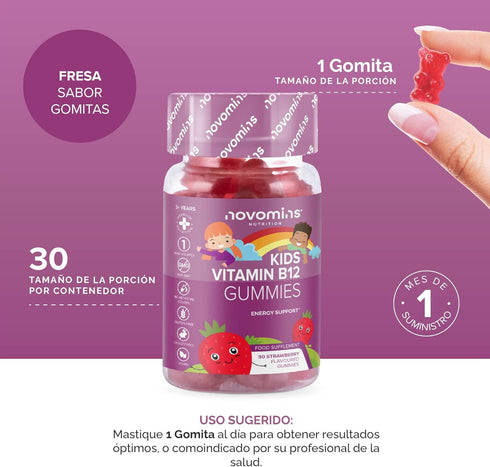 Novomins Kids Vitamin B12 Gummies - Energy & Metabolism Support Supplement - 30 Chewable Childrens B Complex Supplements – Vegan, Non-GMO - Enrich...