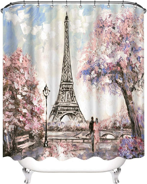 Paris Shower Curtain for Bathroom Sakura Landscape Pink Romantic Waterproof Fabric Curtain Decor with 12 Hooks 72x72 Inches...