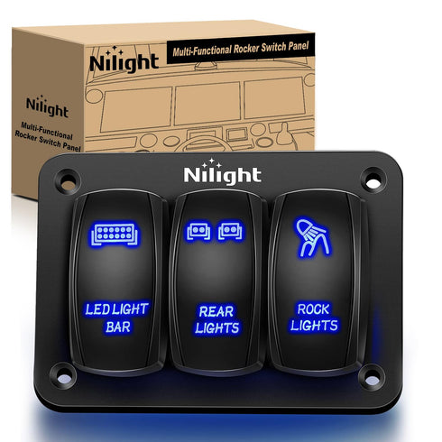 Nilight - 90105C 3 Gang Aluminum Rocker Switch Panel 5 Pin ON/Off Pre-Wired Toggle Switch Panel With Rocker Switch Holder 12/24V for Marine Boat C...