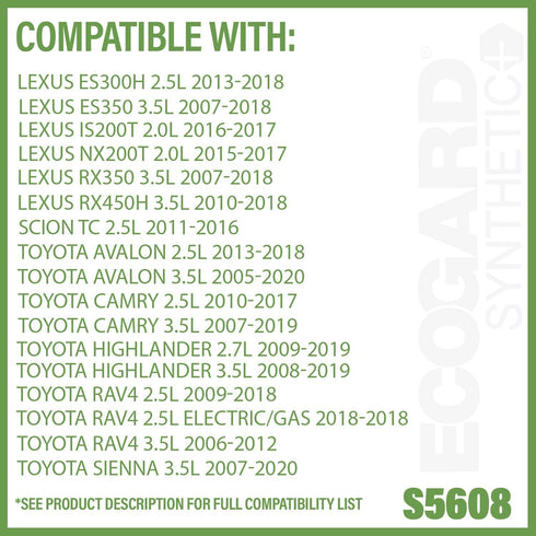 ECOGARD S5608 Premium Cartridge Engine Oil Filter for Synthetic Oil Fits Toyota Camry 2.5L 2010-2017, RAV4 2.5L 2009-2018, Highlander 3.5L 2008-20...
