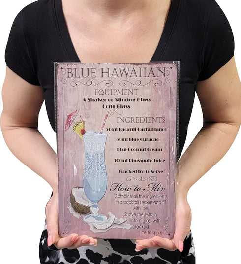 8" x 12" Popular Cocktails and Drink Mix Recipes Menu on Metal Tin Sign Wall Decor Plaque Poster (Blue Hawaiian)...