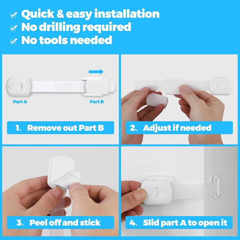 Child Safety Strap Locks for Cabinet, Fridge, Ovens, Toilet, Drawer, Trash can etc with Strong Adhesive Not Easy to Fall Off, Adjustable Length, 4...
