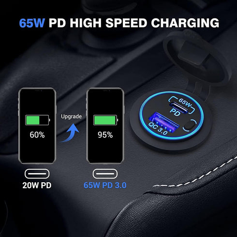 83W USB C Car Charger Socket 12V/24V Multiple USB Outlet with Power Switch, 65W PD3.0& QC3.0 Fast Charge Car USB Port Socket for Car Boat Marine T...