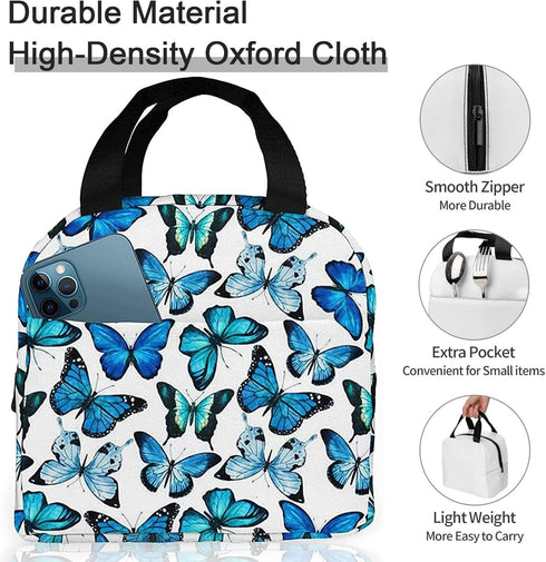 Insulated Lunch Bag Box for Women with Blue Butterfly Print Cooler Thermal Waterproof Reusable Tote Bag with Big Pocket for Work Office Picnic Col...