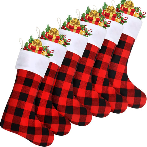 DERAYEE 6 Pack Christmas Stockings Bulk, 18 Inch Large Red Black Buffalo Plaid Fireplace Hanging Stockings for Family Holiday Xmas Party Decoratio...