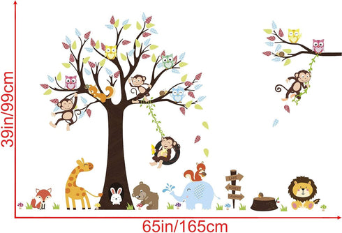 LiveGallery Cartoon Animals Wall Decals Removable Tree Wall Stickers DIY Owls Wall Art Cute Monkey Elephant Giraffe Wall Decal for Kids Boys Child...