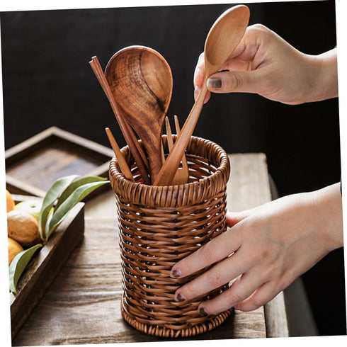 Imitation Rattan Chopstick Holder Rattan Silverware Utensil Drying Rack Silverware Dryer Rack Wicker Pencil Brush Cup Woven Utensil Holder Flatwar...