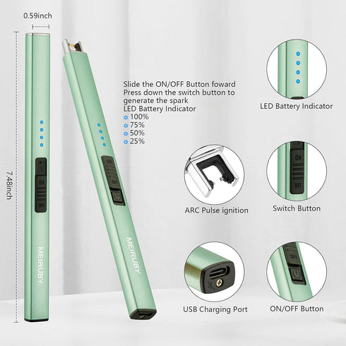 Electric Candle Lighter - Long, Rechargeable, Arc, Windproof, Flameless Lighters for Candle, Camping, BBQ, Birthday Gifts - Green...