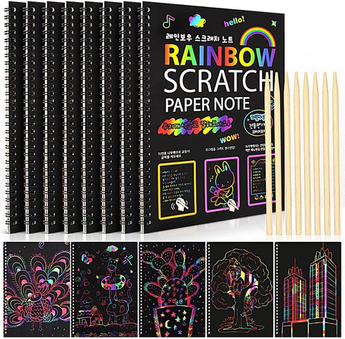 8 Pack Scratch Arts Drawing Notebook Paper for Kids Art Supplies, Large Rainbow Scratch and Sketch Books Set for Kids Party Favors...