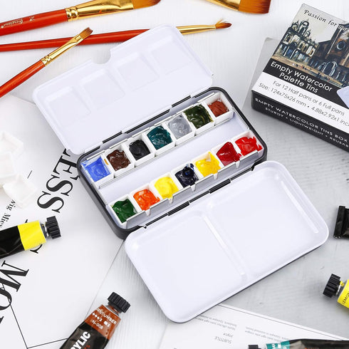 MYARTOOL Watercolor Tin Palette, Metal Empty Paint Case with 12 PCS Empty Half Pans for DIY Travel Watercolor Palette, Acrylic and Oil Painting...