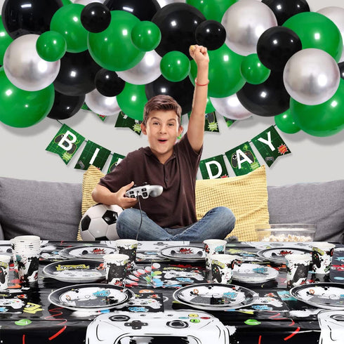 Green Black Silver Balloon Garland Arch Kit, Green Black Balloons Metallic Silver Balloons Video Game Birthday Decorations for Football Video Game...