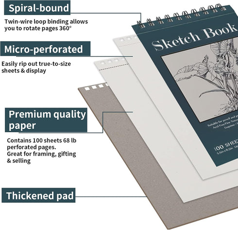 5.5" x 8.5" Sketchbook Set, Top Spiral Bound Sketch Pad, 2 Packs 100-Sheets Each (68lb/100gsm), Acid Free Art Sketch Book Artistic Drawing Paintin...