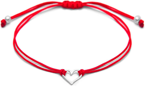 Red Womens Friendship Bracelet, Small Handmade Sterling Silver 925 Open Heart Shaped Charm, Pull Adjustable Kindred Cord Thread. Handmade Heart Gi...