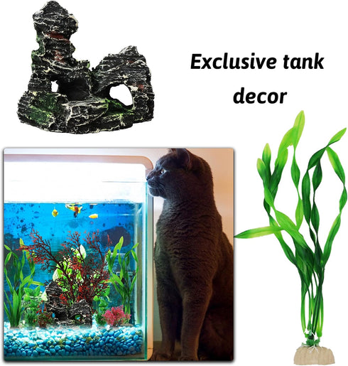 Fish Tank Decorations Plants with Resin Cave Rock View, 9pcs Aquarium Decorations Plants Plastic,Fish Tank Accessories, Fish Cave and Hideout Orna...