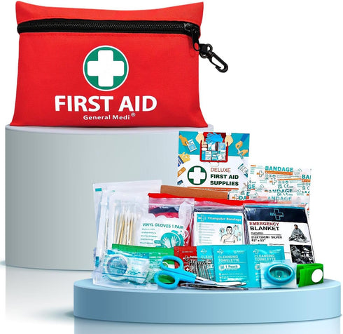 General Medi Mini First Aid Kit, 110 Piece Small First Aid Kit - Includes Emergency Foil Blanket, Scissors for Travel, Home, Office, Vehicle, Camp...