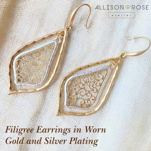 – Boho Filigree Two-Tone Dangle Earrings - Exquisite Handcrafted Jewelry for Boho Chic Style - Large Two Tone Worn Gold and Silver Plated Earring ...