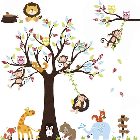 LiveGallery Cartoon Animals Wall Decals Removable Tree Wall Stickers DIY Owls Wall Art Cute Monkey Elephant Giraffe Wall Decal for Kids Boys Child...