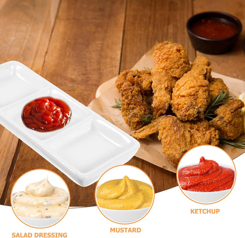 BESTonZON Ceramic Dipping Bowls, 3 Compartment Condiment Tray Hospitality Tray, Ceramic Dipping Sauce Dishes, 6 inch Dessert Platters Rectangular ...