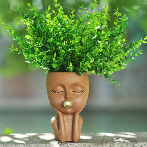 Planters for Indoor Plants Cute Lady Bubble Blowing Head Planter Resin Face Planters Flower Pot with Drainage Hole (Black)...