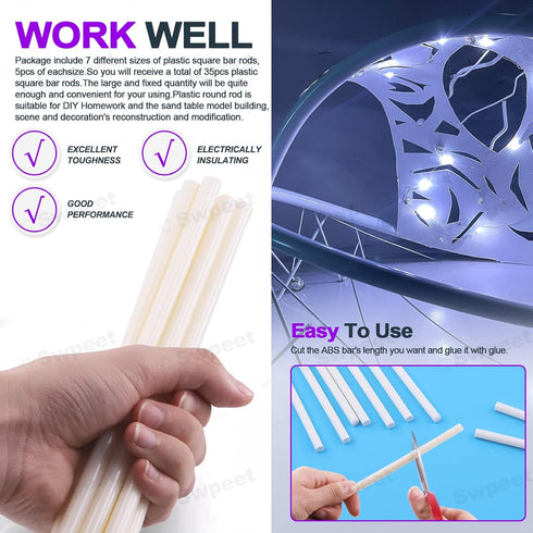 Swpeet 15Pcs Milkly Plastic Rods Assortment Kit, Diameter 7mm Length 250mm Material ABS Round Stick Round Solid Bar DIY Model for DIY Toys Buildin...