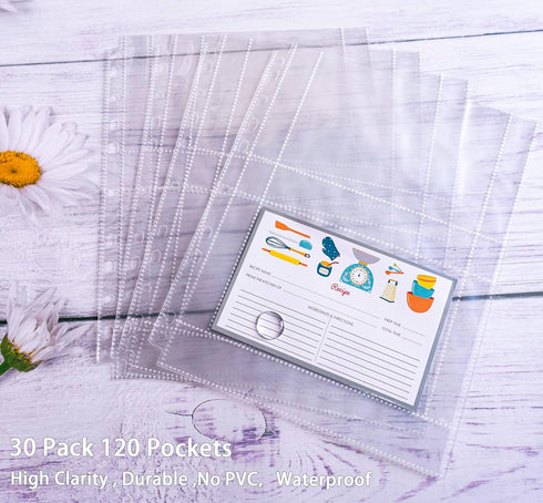 30 Pack 120 Pockets 4x6 Recipe Card Sleeves,3 Ring Binder Recipe Card Protector Pages,Double Sided 2 Pocket Refill Sheets for Recipe Book, 8.5x11 ...