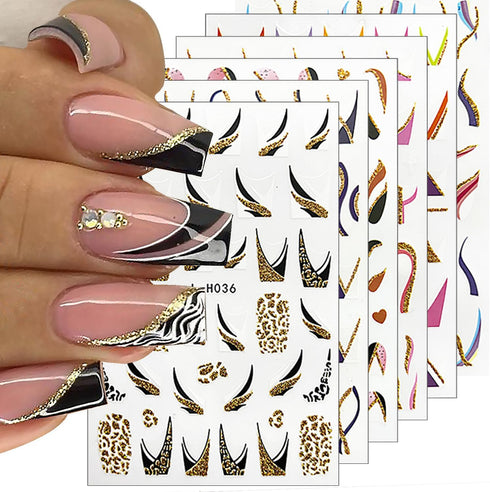 6 Sheets French Tip Nail Art Stickers 3D Self-Adhesive Gold Glitter Nail Decals Stripes Waves Lines Nail Design Stickers Acrylic Nail Art Supplies...