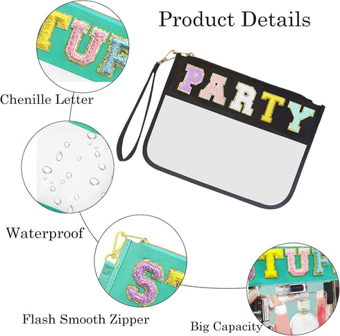 Jakiro Chenille Letter Clear Bag Zipper Pouch for Party, Preppy Makeup Bag Clear Cosmetic Toiletry Bag with Wrist Strap, Water-proof Makeup Travel...