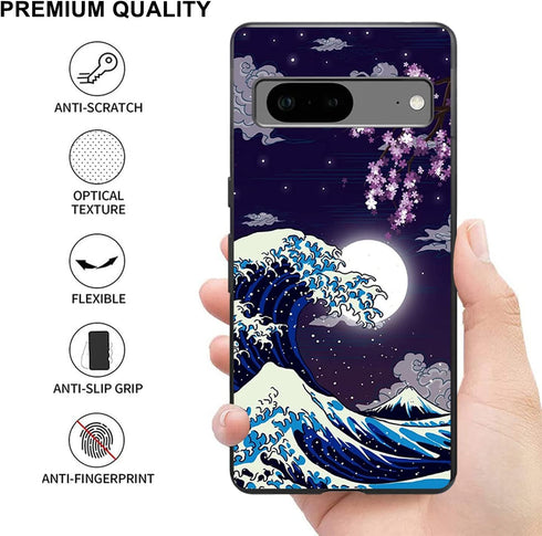 Compatible with Google Pixel 7 Case Japanese Wave Cherry Blossom Moon Pattern Phone Case for Boys Girls Aldults, Soft TPU Shockproof Anti-Scratch ...