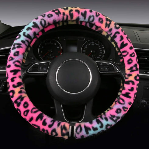 Fluffy Steering Wheel Cover for Women,Girly,Fuzzy Steering Decor,Plush, Leopard Print,Sweat-Absorb,Universal 15 Inch,Red (Fluffy-Leo)...