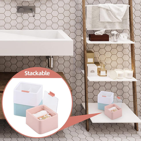 Tecbeauty Qtips Storage Organizer - 2-Grid Dispenser with Hinged Lids for Swabs, Balls, Pads, Pink...