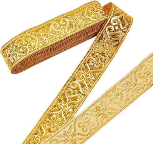 NBEADS 7.7 Yards Gold Jacquard Ribbon Trim, 1-1/4 Inch Wide Boho Woven Trim Ethnic Floral Ribbon Embroidery Polyester Flat Ribbon for DIY Craft Cl...