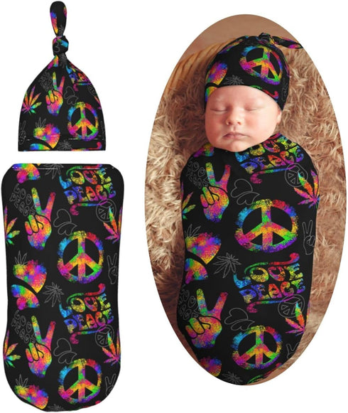 Rainbow Peace Love Sign Gesture Newborn Swaddle Blankets Hat Sets Soft Baby Receiving Blanket Swaddle Sack for Baby Shower Infant Boy Girl Gift...