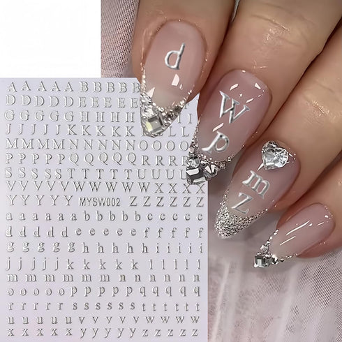 Letters Nail Art Stickers English Alphabet Nail Decals 3D Self-Adhesive Metallic Gold Silver Nail Sticker Black White Letter Nail Art Supplies for...
