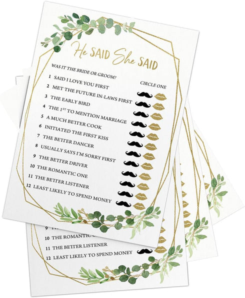 Printed Party Bridal Shower Games – He Said She Said Game with Fun Bride and Groom Trivia, Wedding Shower Activity, Botanical Greenery Theme, 50 G...