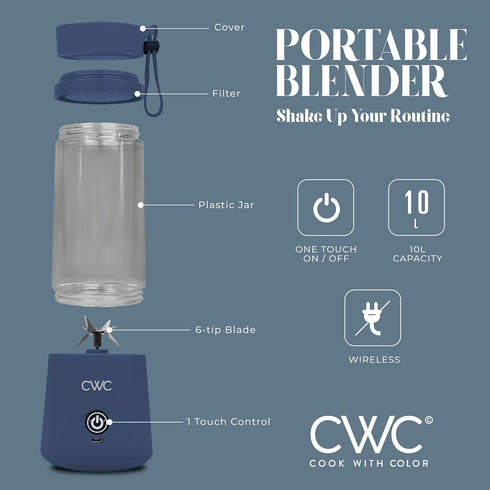 COOK WITH COLOR Mini Portable Blender - 250W Power, 12oz Capacity, Stainless Steel Blade, Wireless/USB Rechargeable,Blue...