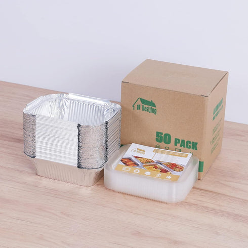 50 Pack Small 8 OZ/230ML Capacity Disposable Takeout Foil Pans with Clear Plastic Lids - Aluminum Foil Food Containers with Strong Seal for Cateri...