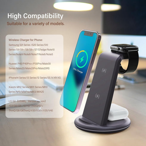 3 in 1 Wireless Charger for iPhone, Fast Charger Stand Dock for Multiple Devices, Wireless Charging Station for iPhone 15/14/13/12/SE/X/XR/XS, iWa...