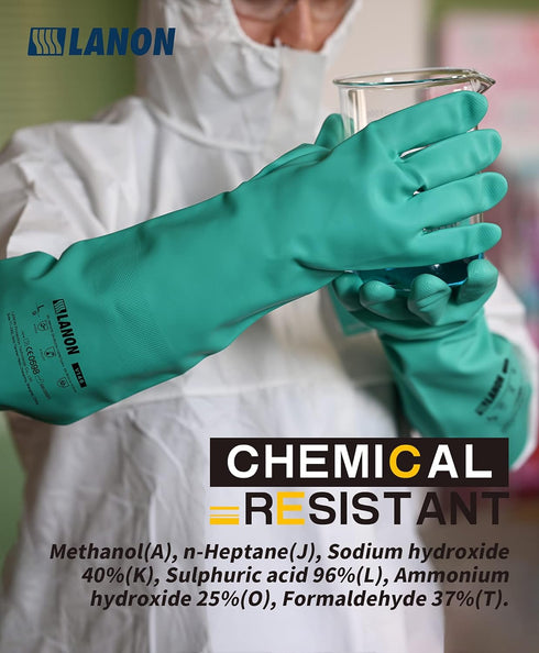 LANON Nitrile Chemical Resistant Gloves, Reusable Heavy Duty Safety Work Gloves, Acid, Alkali and Oil Protection, 18" Length, Non-Slip, Large...