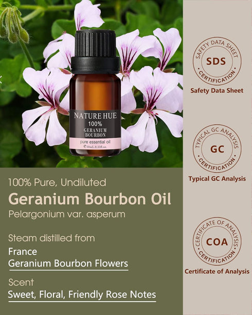 Geranium Bourbon Essential Oil - 10 mL (1/3 oz) - Pure, Natural, Therapeutic Grade - for Diffuser, Massage, Skin & Hair Care - Balancing and Uplif...