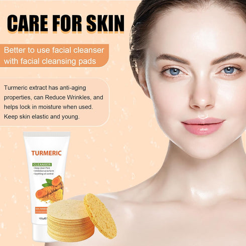 Turmeric Cleansing Pads & Turmeric Facial Cleanser - Turmeric Face Wash Soap with 20Pcs Facial Sponges, Natural Turmeric Soap And Face Pads Skin C...