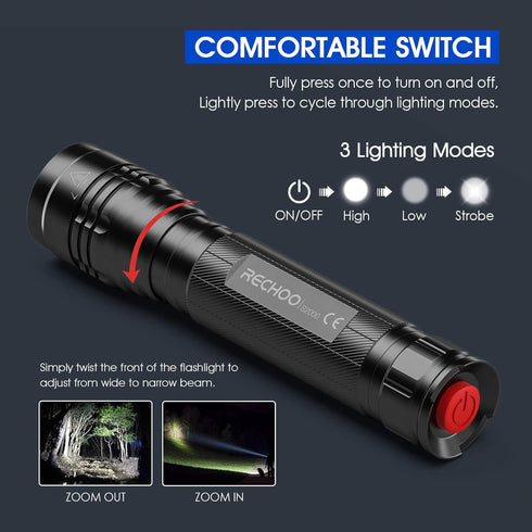 RECHOO High-Powered LED Flashlight S2000, Upgraded Powerful 2000 High Lumens Flashlights with 3 Modes, Zoomable, Water Resistant Flash Light for H...