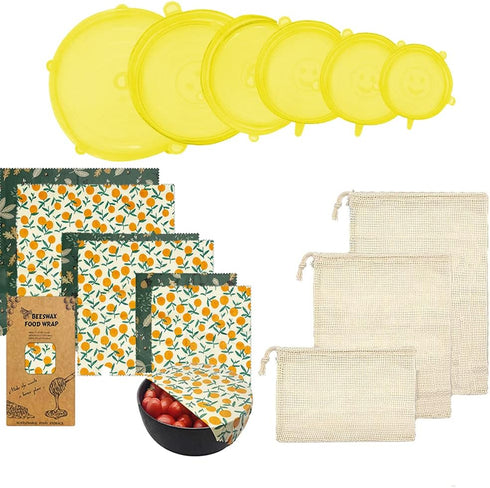 Reusable Beeswax Food Wrap- Silicone Stretch Lids - Reusable Produce Bags, Eco Friendly Food Storage, Dishwasher & Freezer Safe, Reusable Grocery ...