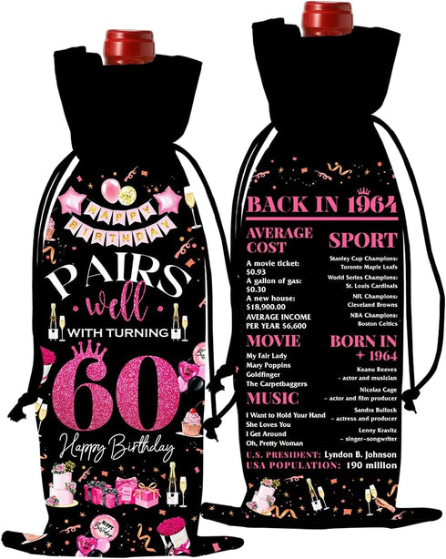 60th Birthday Gifts for Women Men Wine Bag, Cool Gifts for 60 Year Old Woman, 60th Birthday Party Decorations for Woman Men, Pairs Well with Turni...