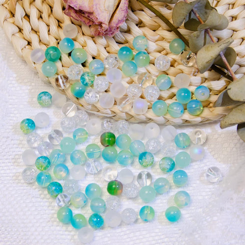 Niziky 100PCS Glass Beads for Jewelry Making, Mix 8MM Green Crackle Lampwork Glass Beads Aurora Crystal Beads Matte Gemstones Spacer Beads Kits fo...