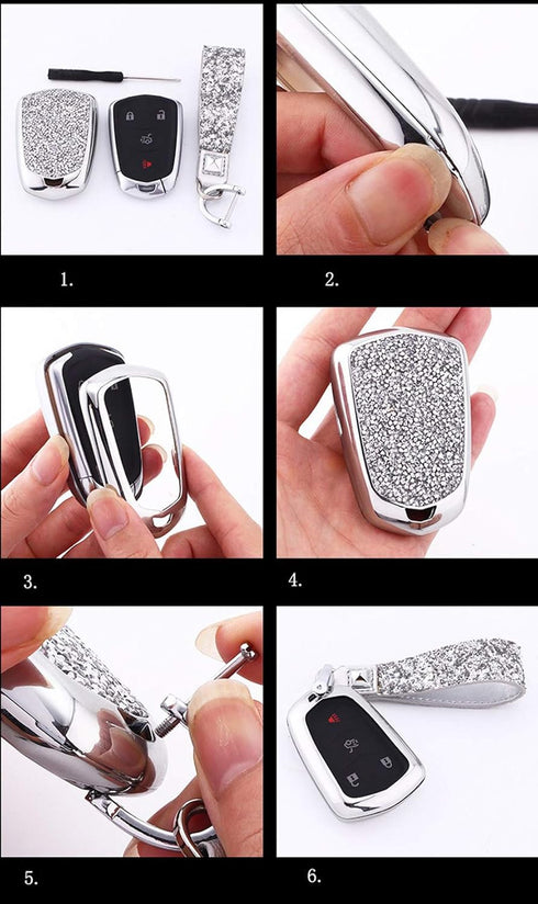 Royalfox(TM) 4 5 6 Buttons 3D Bling keyless Entry Remote Smart Key Fob case Cover for 2016-2019 Cadillac CT6, 2017-2019 XT5, 2014-2019 CTS, 2015-2...